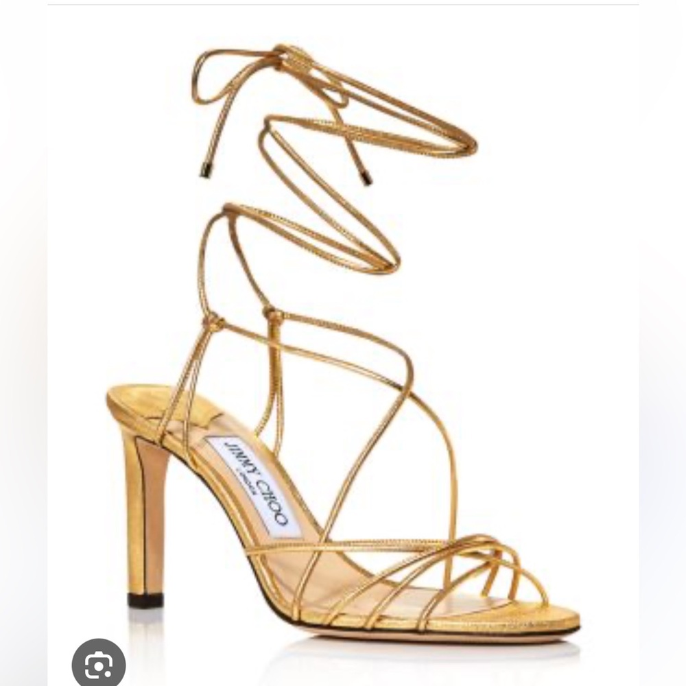 Jimmy Choo Metallic Gold Strappy Sandals, 37, 85 heel